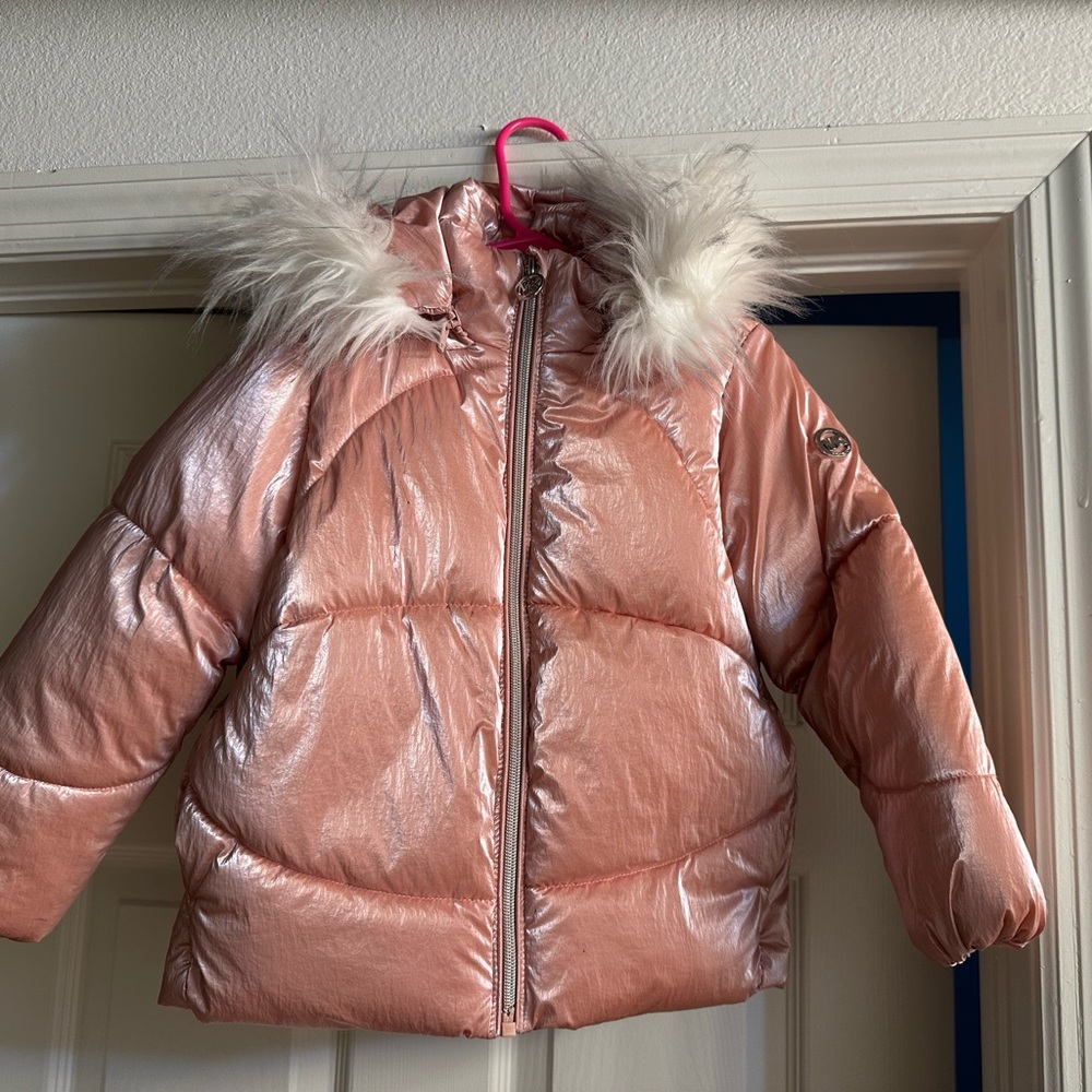 Michael Kors Pink Puffer Jacket with Faux Fur Hood